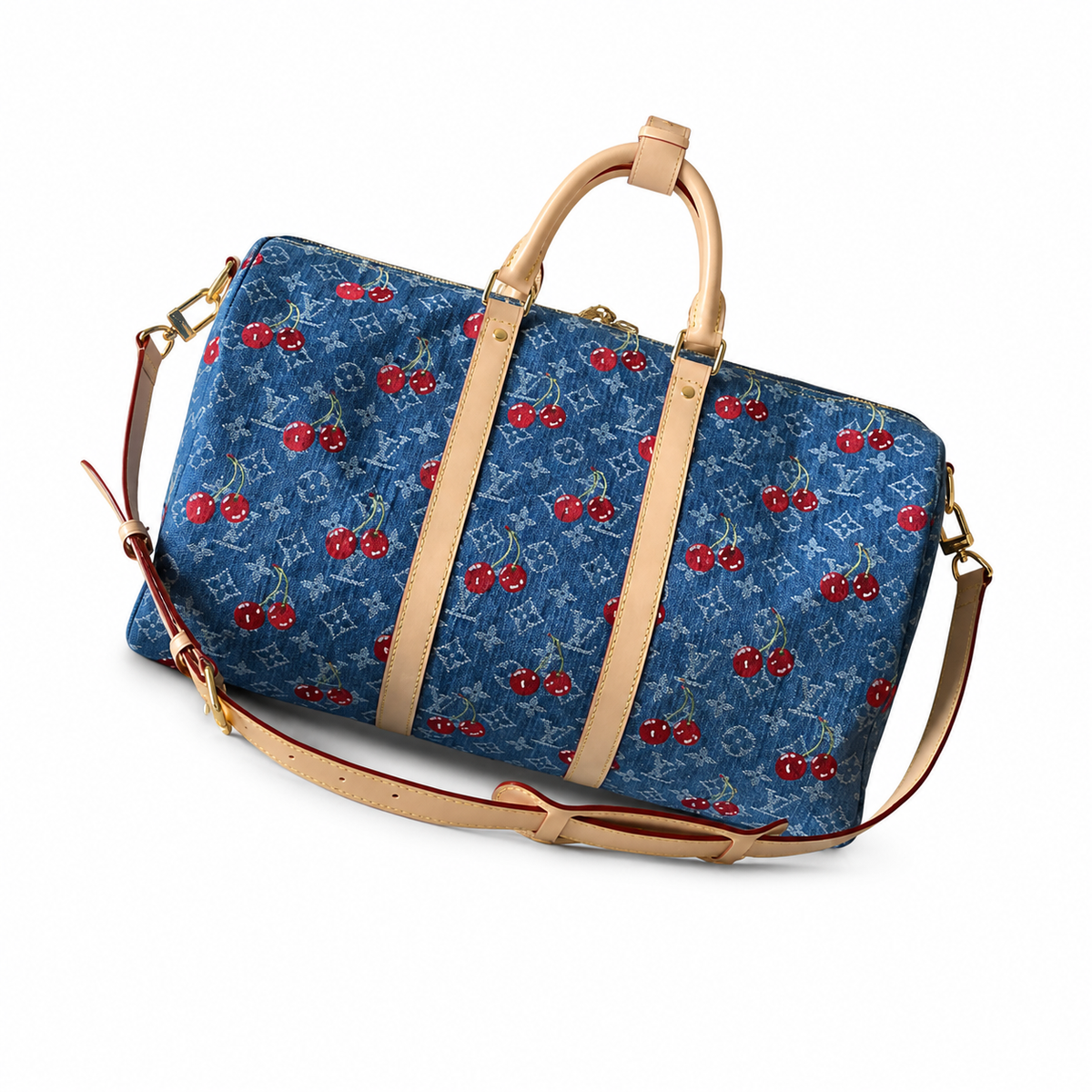 LV Keepall Bandoulière 50 Monogram Denim Cherry Print Travel Duffle Bag