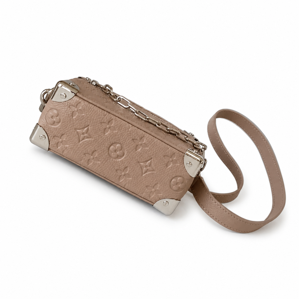 LV Soft Trunk Monogram Empreinte Leather Taupe Silver Chain Crossbody Bag