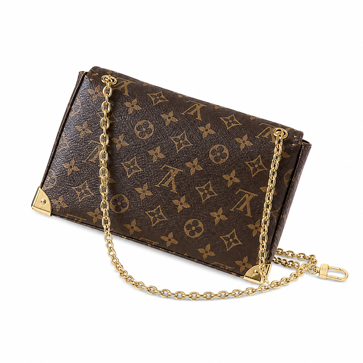 LV Trunk on Chain Monogram Canvas Gold Metal Corner Guards Double Chain Gold Turn-Lock Crossbody Shoulder Bag