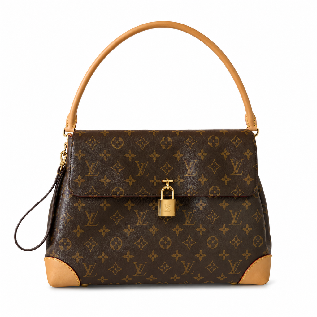 LV Beverly MM Monogram Canvas Vachetta Leather Corner Guards Gold LV Padlock Flap Top Handle Bag