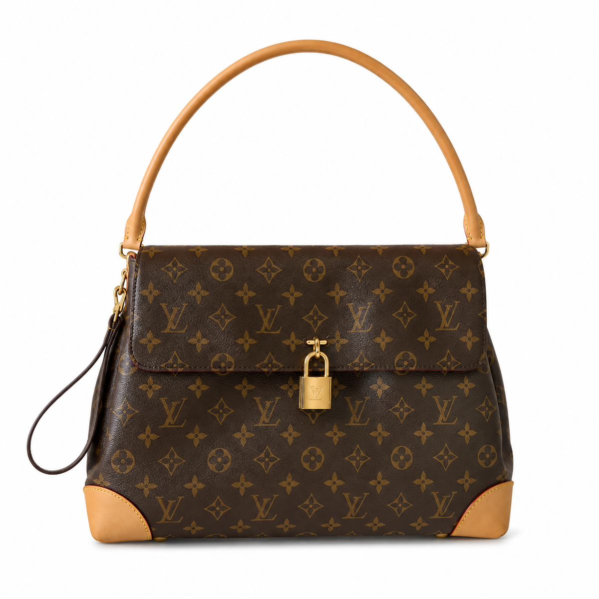 LV Beverly MM Monogram Canvas Vachetta Leather Corner Guards Gold LV Padlock Flap Top Handle Bag