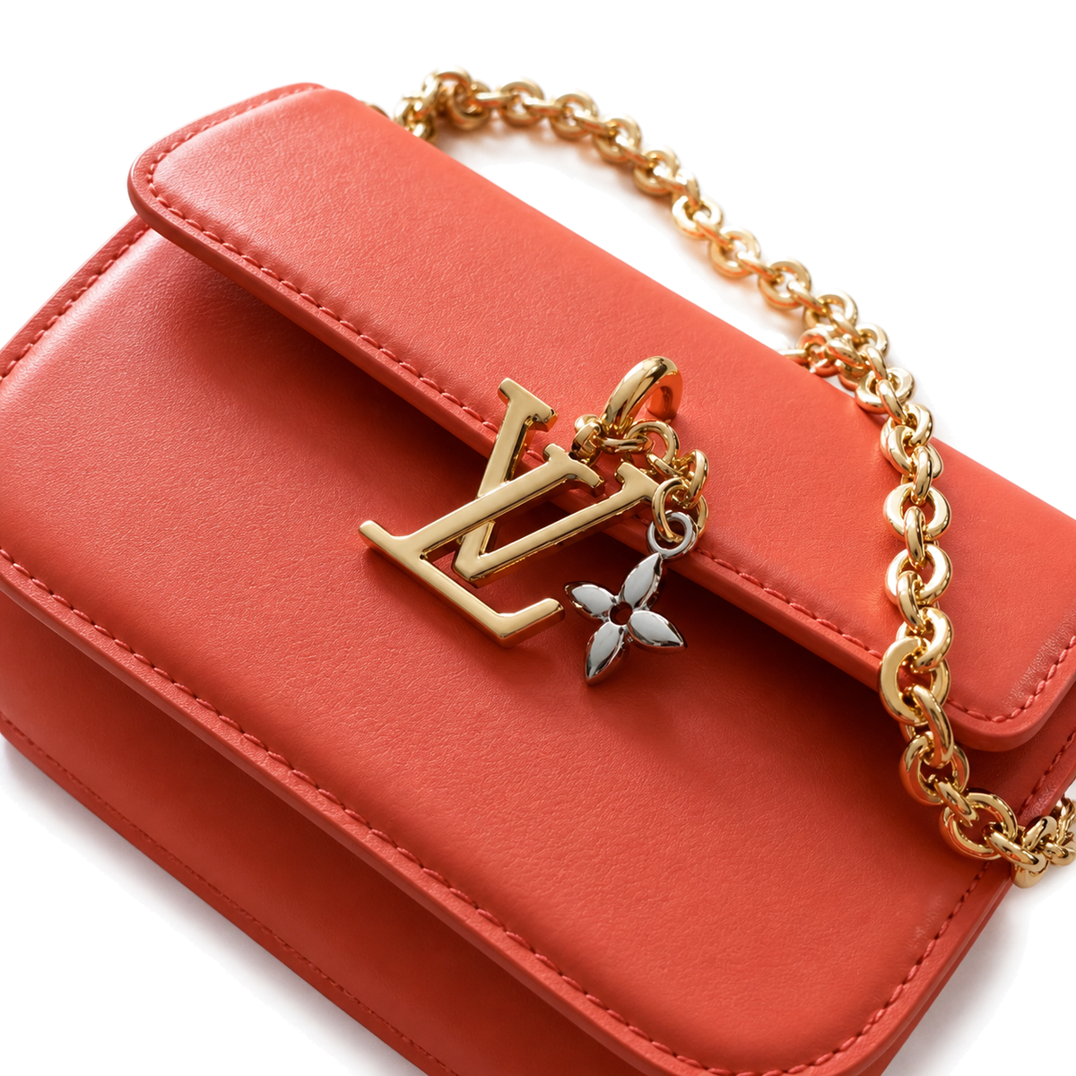 LV LockMe Tender Smooth Calfskin Coquelicot Poppy Red Gold LV Turn-Lock White Flower Charm Chain Crossbody Bag