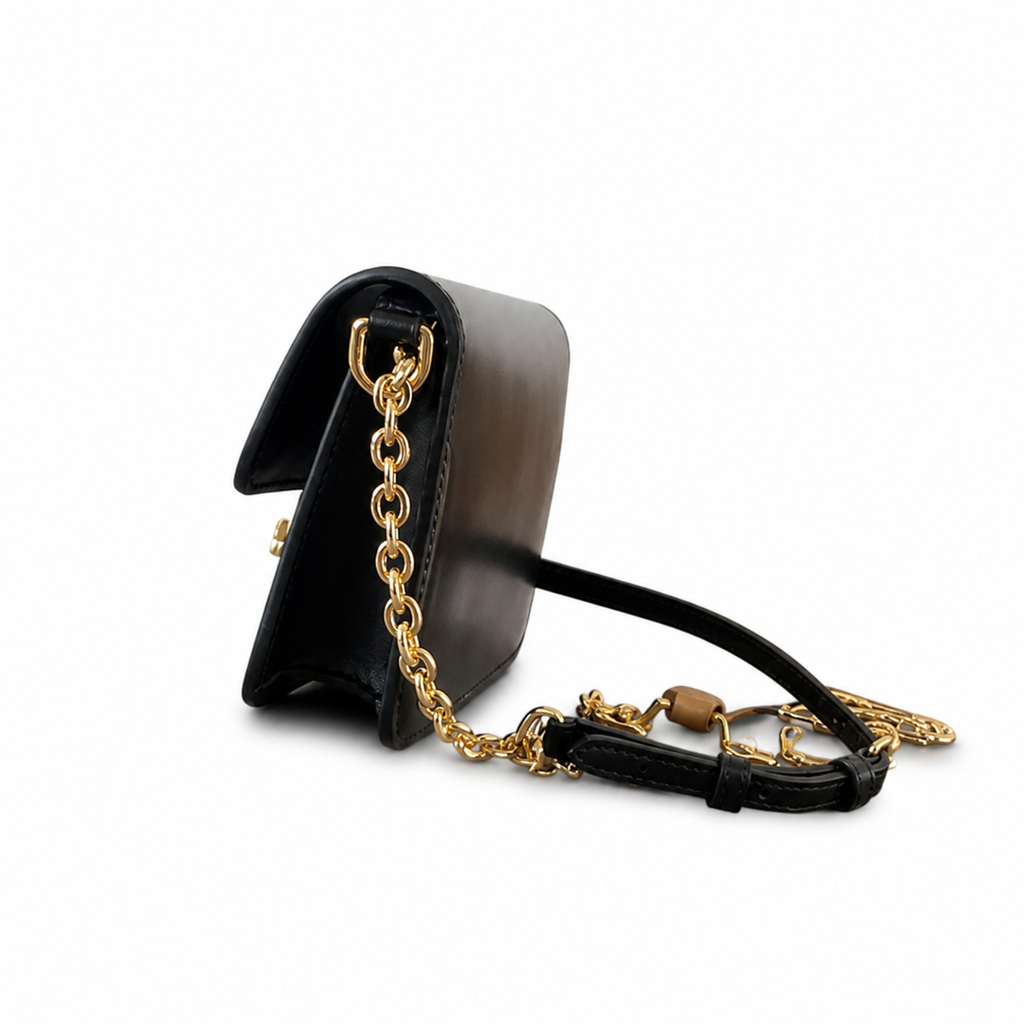 LV LockMe Tender Smooth Calfskin Noir Black Gold LV Turn-Lock Gold Padlock Charm Chain Leather Strap Crossbody Bag