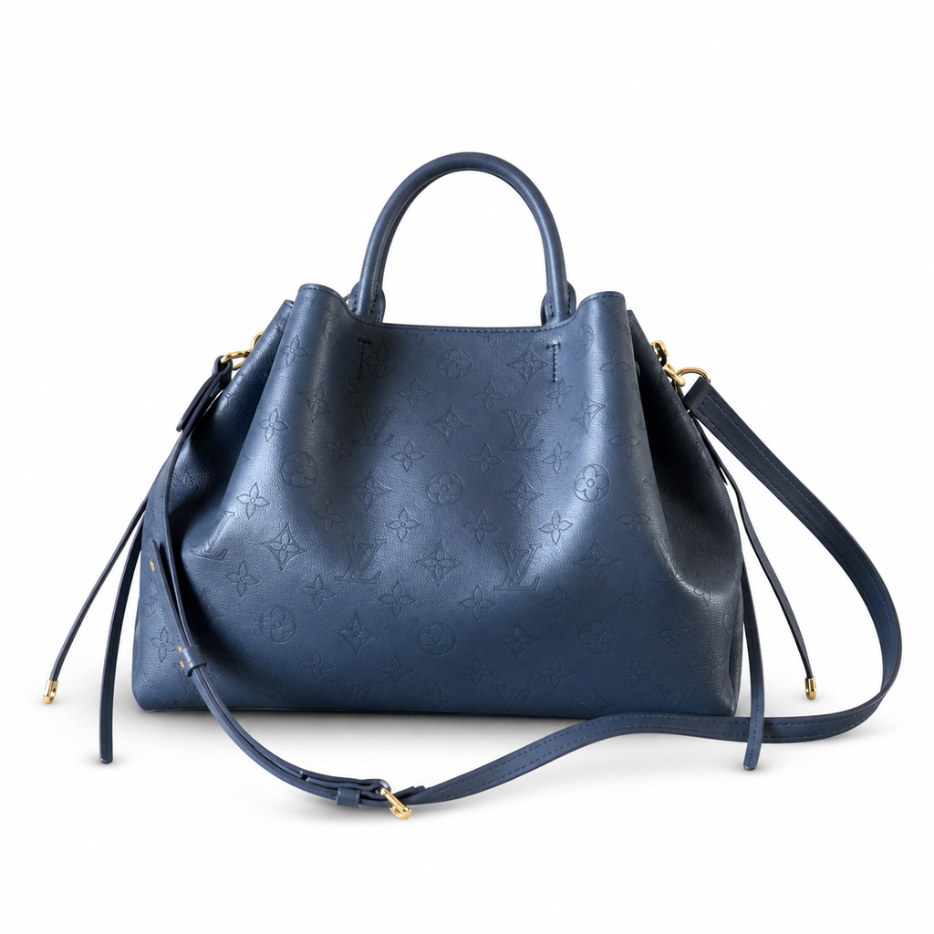 LV Bella Tote Monogram Empreinte Leather Navy Blue Gold Braided Chain Top Handle Crossbody Bag