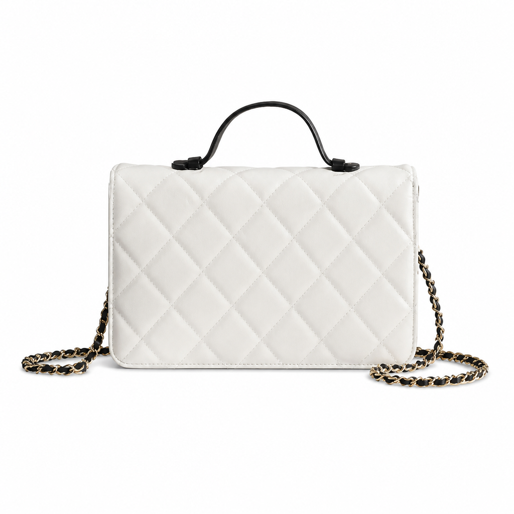 Chanel CC Quilted Box Bag | White & Black Top Handle — 24cm