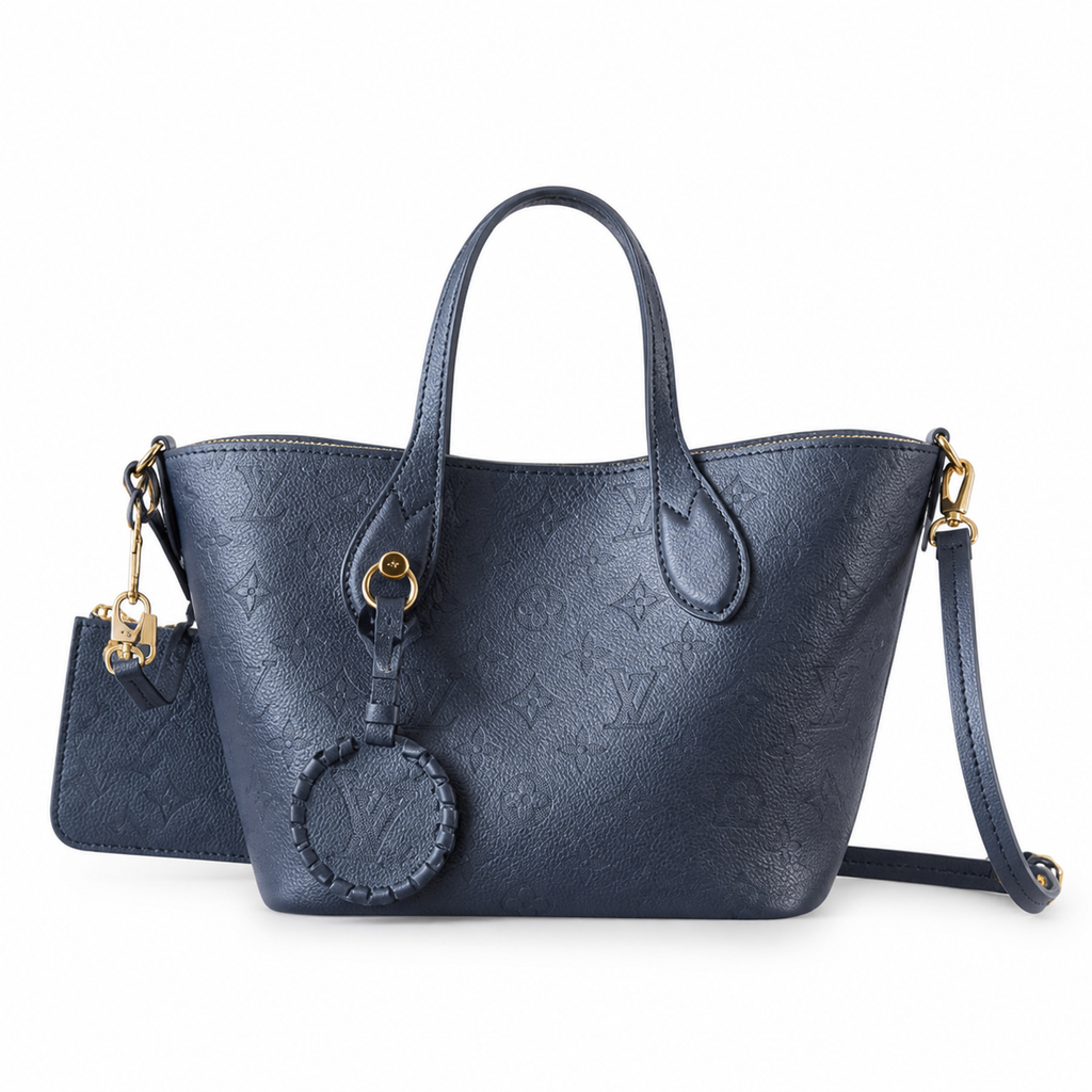 LV Boétie PM Monogram Empreinte Leather Navy Blue Mini Structured Tote with Coin Purse Charm & Card Holder