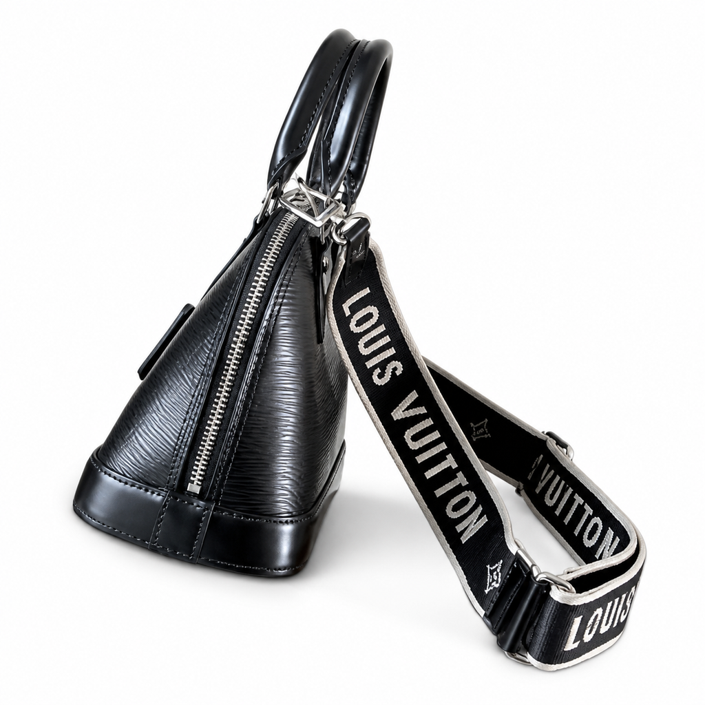 LV Alma BB Epi Leather Noir Black Wide LOUIS VUITTON Lettering Jacquard Crossbody Strap Silver Hardware Top Handle Bag