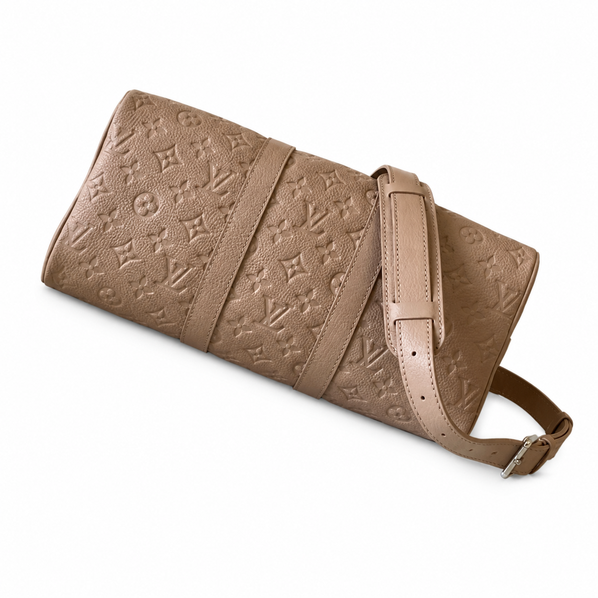 LV Keepall Bandoulière 35 Monogram Empreinte Leather Taupe Travel Bag