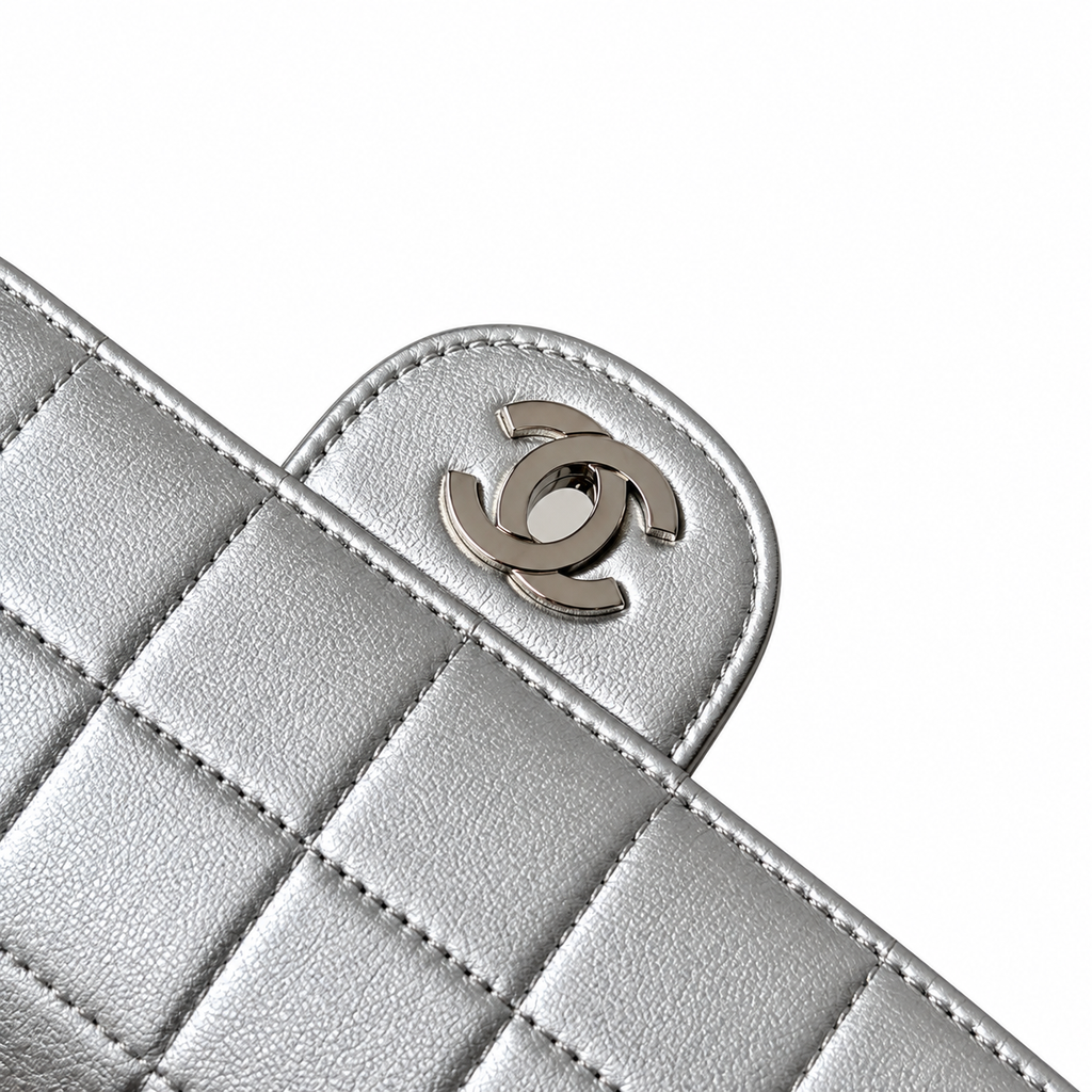 Chanel Metallic Square Quilted East West Flap Bag Silver 26cm