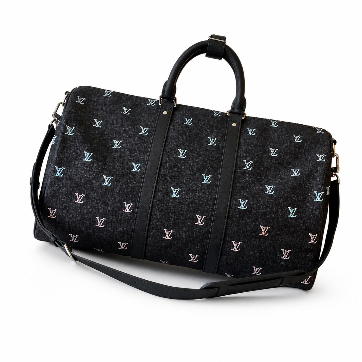LV Keepall Bandoulière 50 Taiga Leather Black Iridescent Embroidery Travel Duffle Bag