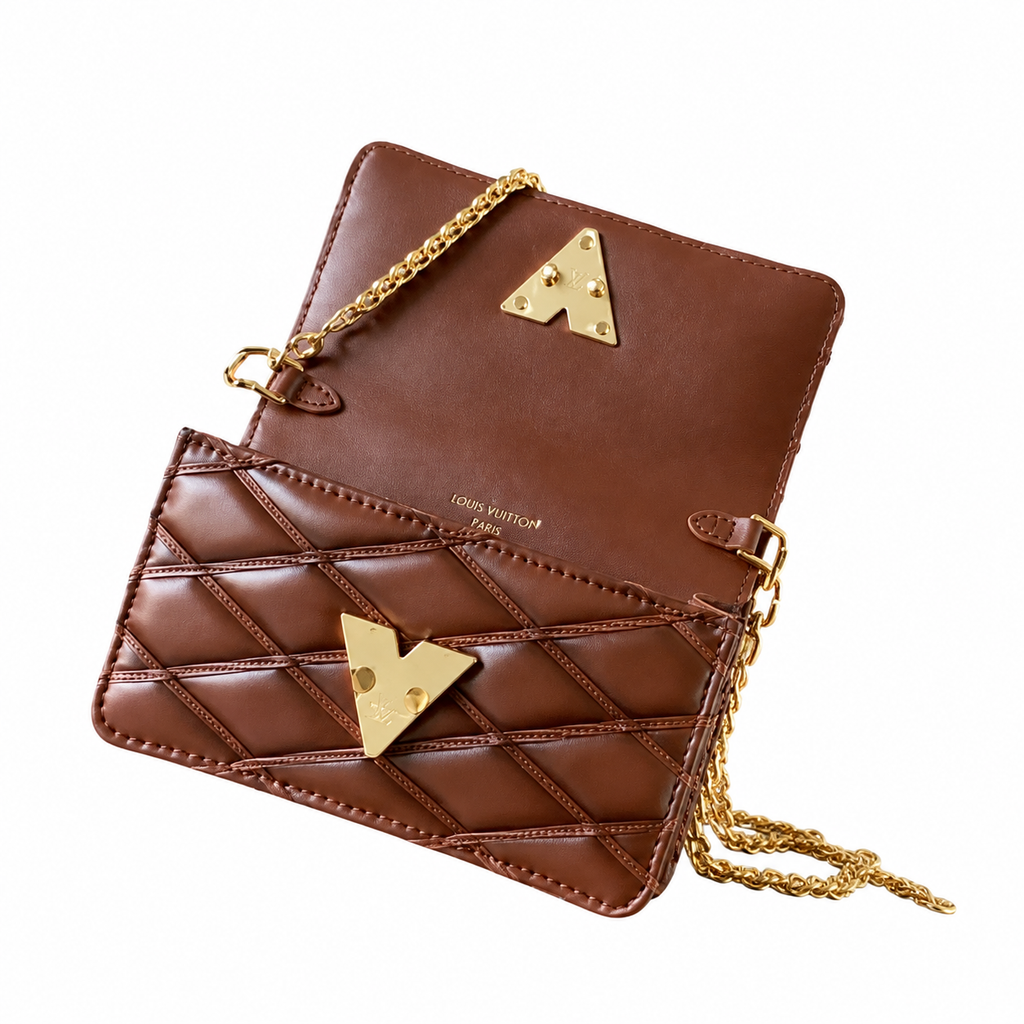 LV GO-14 MM Quilted Lambskin Chocolate Brown Gold Chain Crossbody Bag