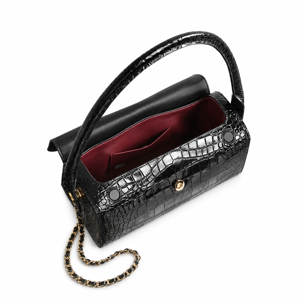 Chanel Black Croc-Embossed Patent Boxy Flap Bag | Arched Handle, Gold Turn-Lock & Chain