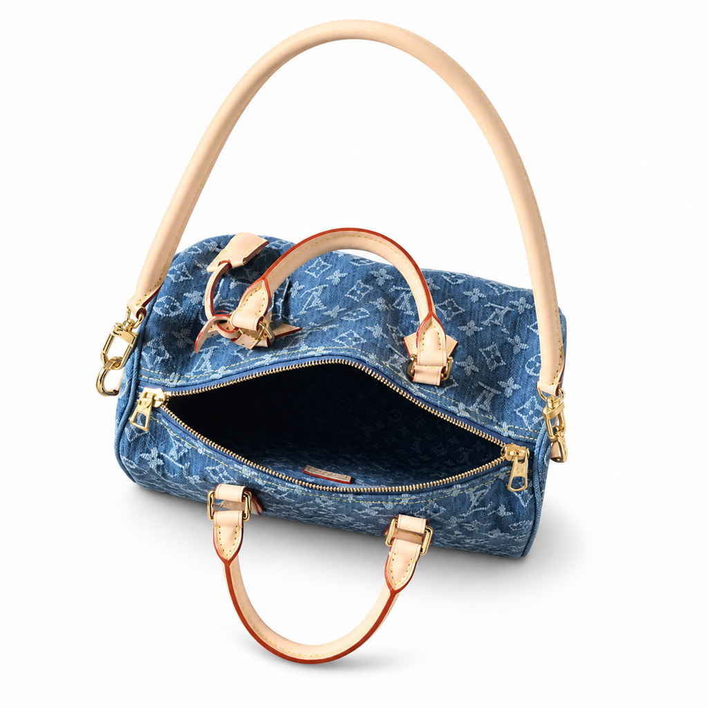 LV Speedy Bandoulière 30 Monogram Denim Blue Vachetta Leather Gold LV Padlock Top Handle Crossbody Bag