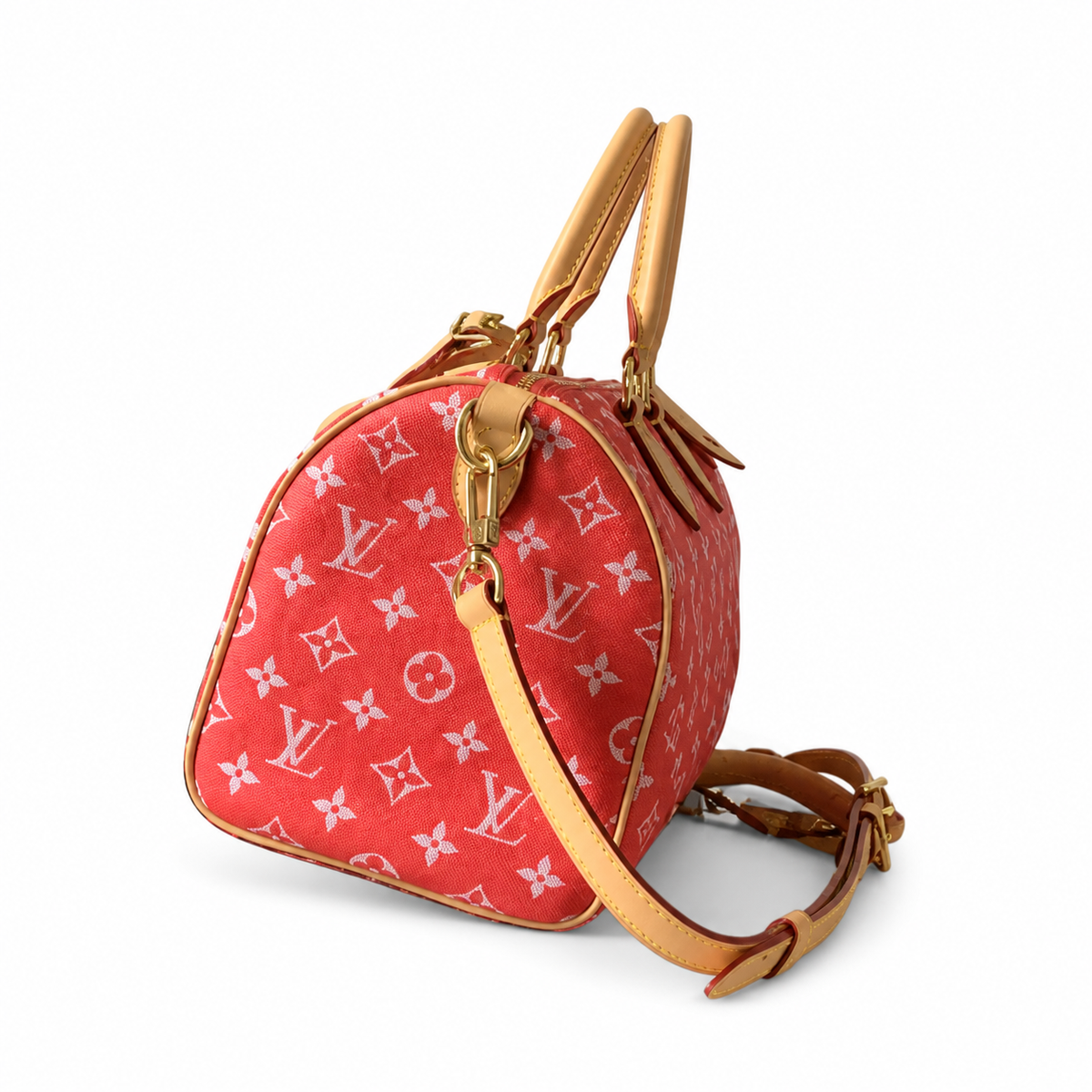 LV Speedy Bandoulière 25 Monogram Jacquard Denim Rouge Red Top Handle Crossbody Bag