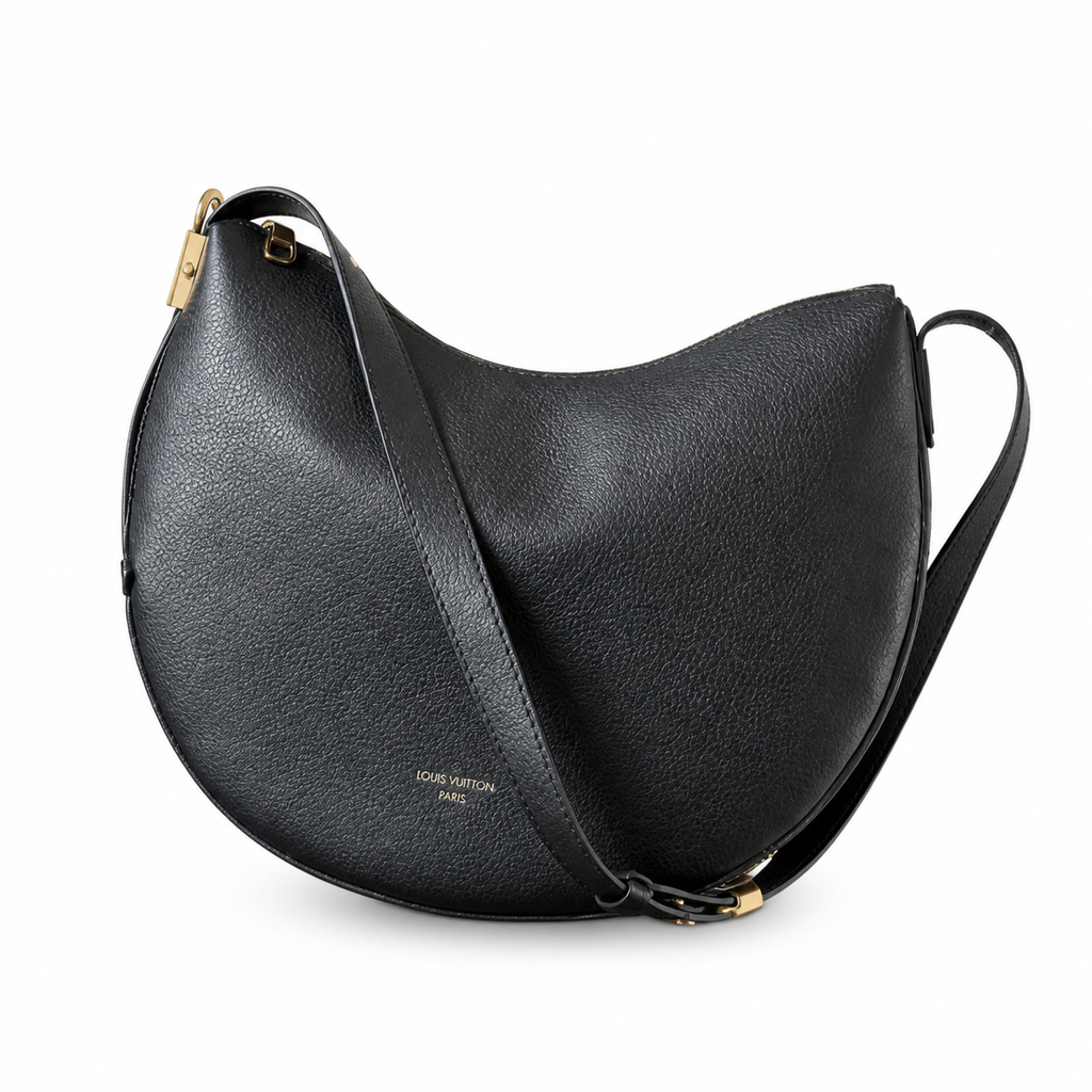 LV Luna MM Mahina Perforated Leather Noir Black Giant Gold LV Padlock Hobo Crossbody Shoulder Bag