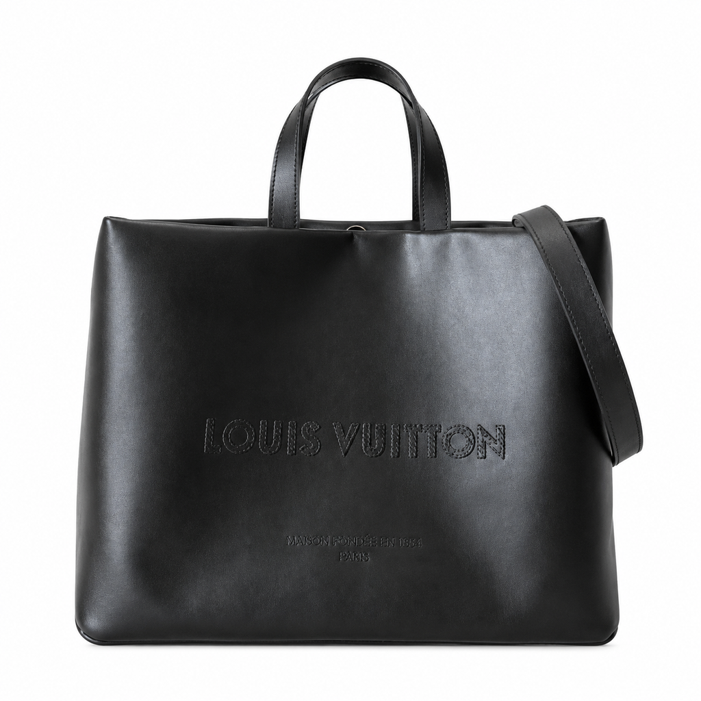 LV Tote MM Black Smooth Calfskin Debossed Logo Open-Top Shoulder Bag