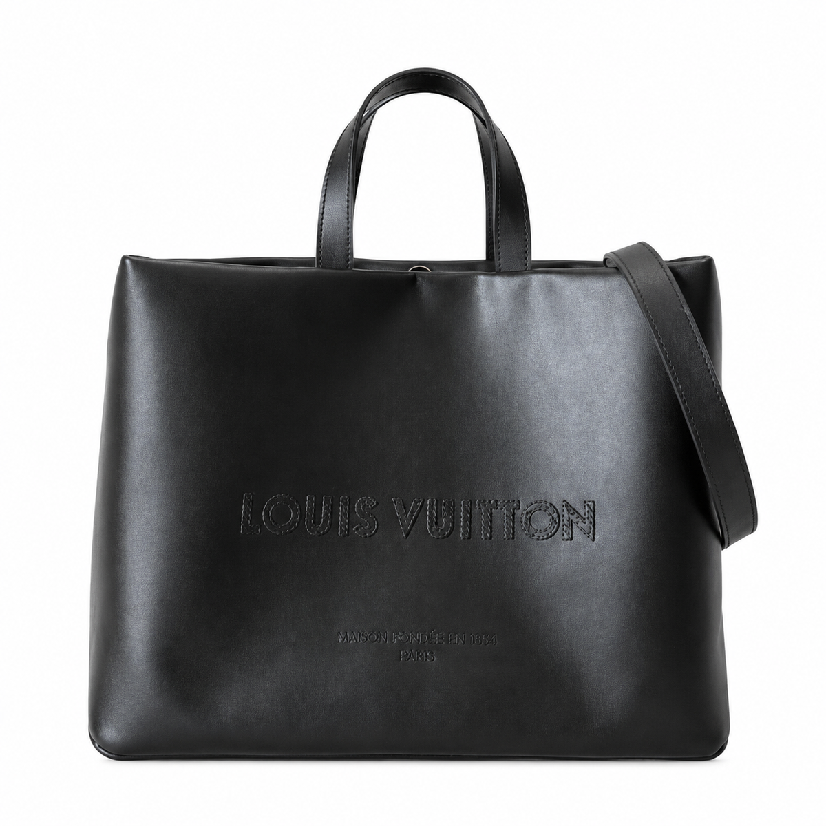 LV Tote MM Black Smooth Calfskin Debossed Logo Open-Top Shoulder Bag