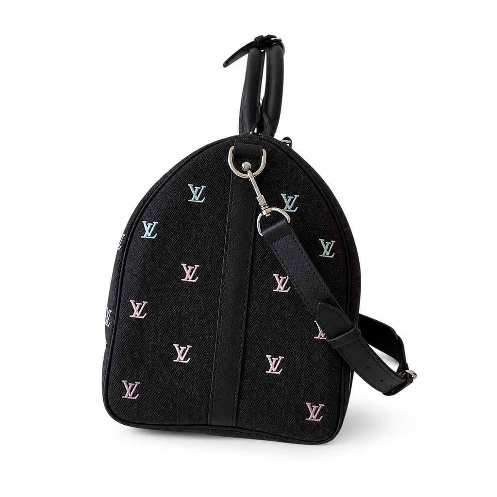 LV Keepall Bandoulière 50 Taiga Leather Black Iridescent Embroidery Travel Duffle Bag