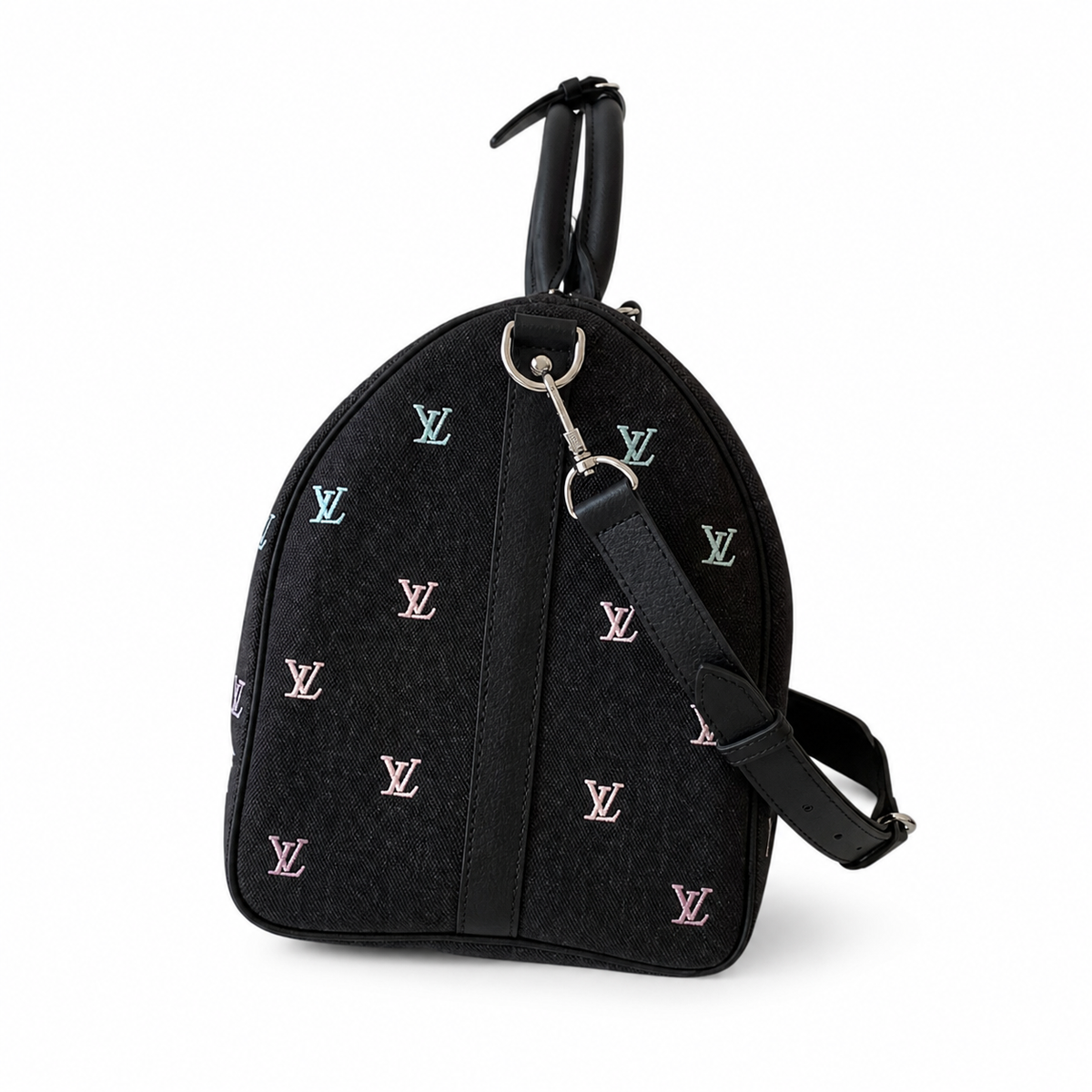 LV Keepall Bandoulière 50 Taiga Leather Black Iridescent Embroidery Travel Duffle Bag