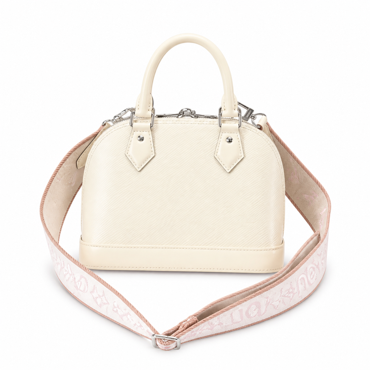 LV Alma BB Epi Leather Crème Ivory White Wide Monogram Jacquard Crossbody Strap Silver Hardware Top Handle Bag