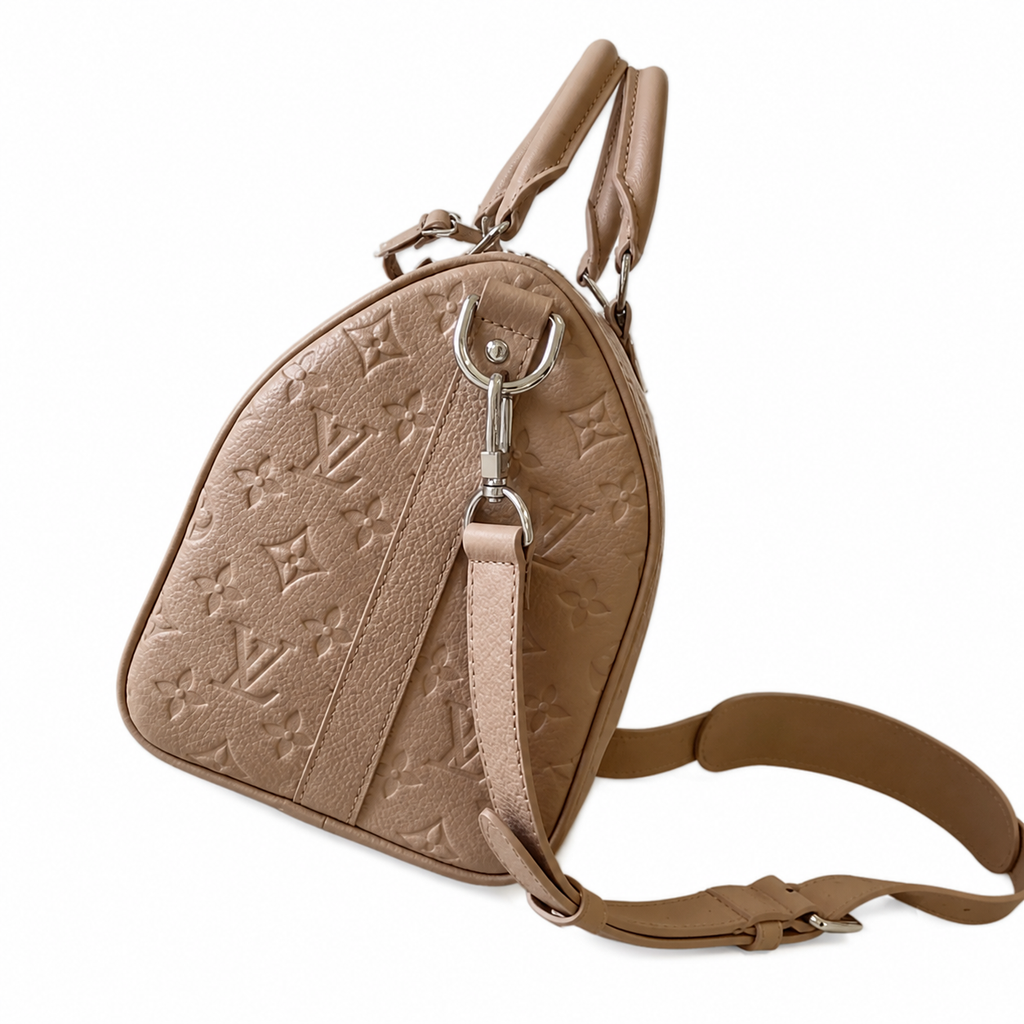LV Keepall Bandoulière 35 Monogram Empreinte Leather Taupe Travel Bag