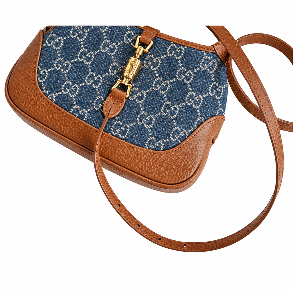 Gucci Jackie 1961 Mini Hobo in Blue GG Denim Canvas with Cognac Trim