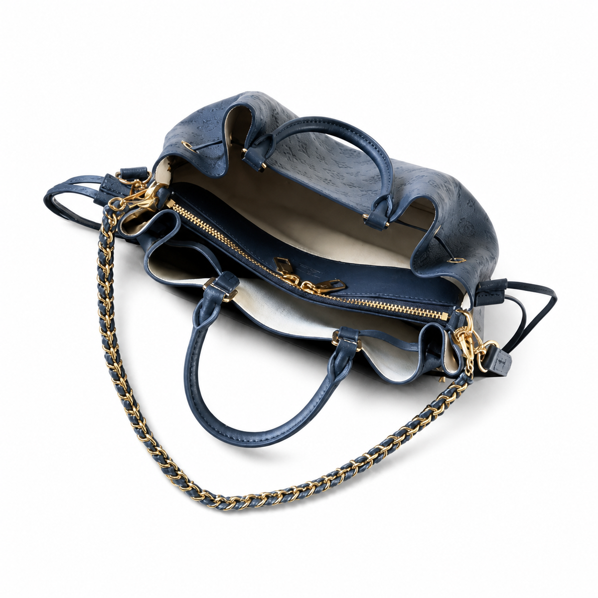LV Bella Tote Monogram Empreinte Leather Navy Blue Gold Braided Chain Top Handle Crossbody Bag