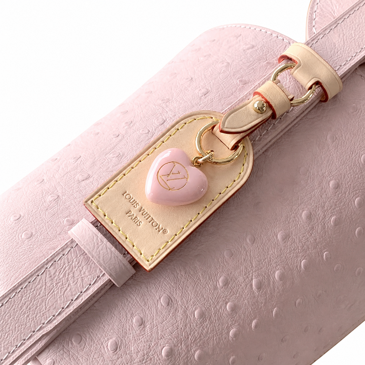 LV Papillon BB Ostrich Leather Rose Dragée Baby Pink LV Heart Charm Crossbody Shoulder Bag