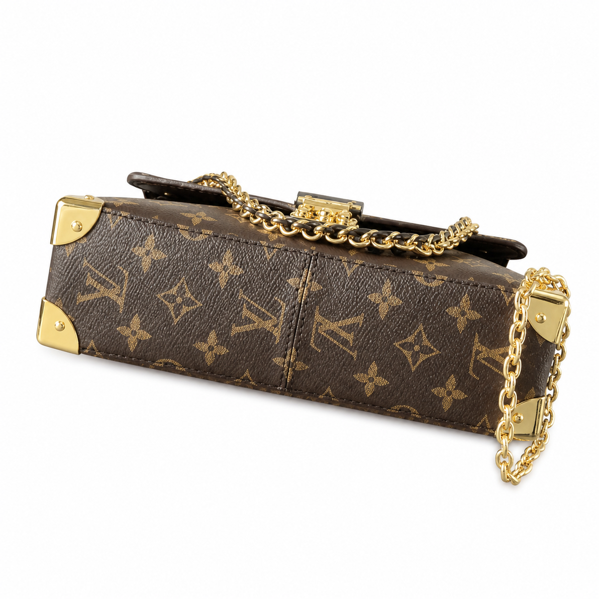 LV Trunk on Chain Monogram Canvas Gold Metal Corner Guards Double Chain Gold Turn-Lock Crossbody Shoulder Bag