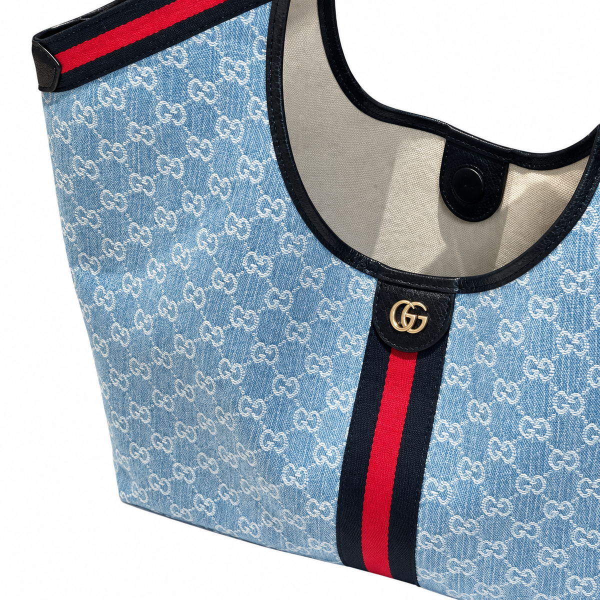 Gucci GG Denim Web Stripe Round Handle Tote