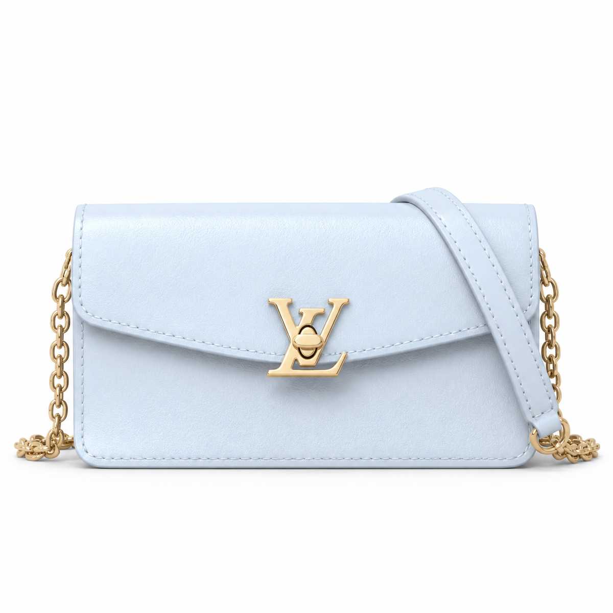 LV LockMe Tender Smooth Calfskin Bleu Glacé Ice Blue Giant Gold LV Turn-Lock Chain Leather Strap Crossbody Bag