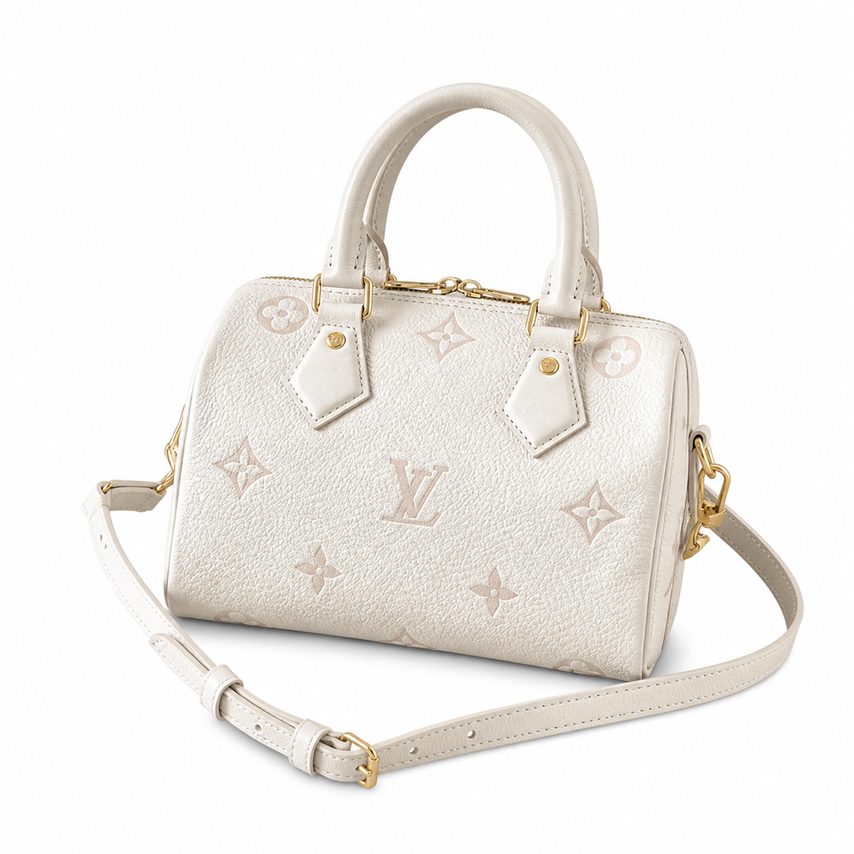 LV Speedy Bandoulière 20 Monogram Empreinte Leather Crème Pearl Mini Top Handle Crossbody Bag