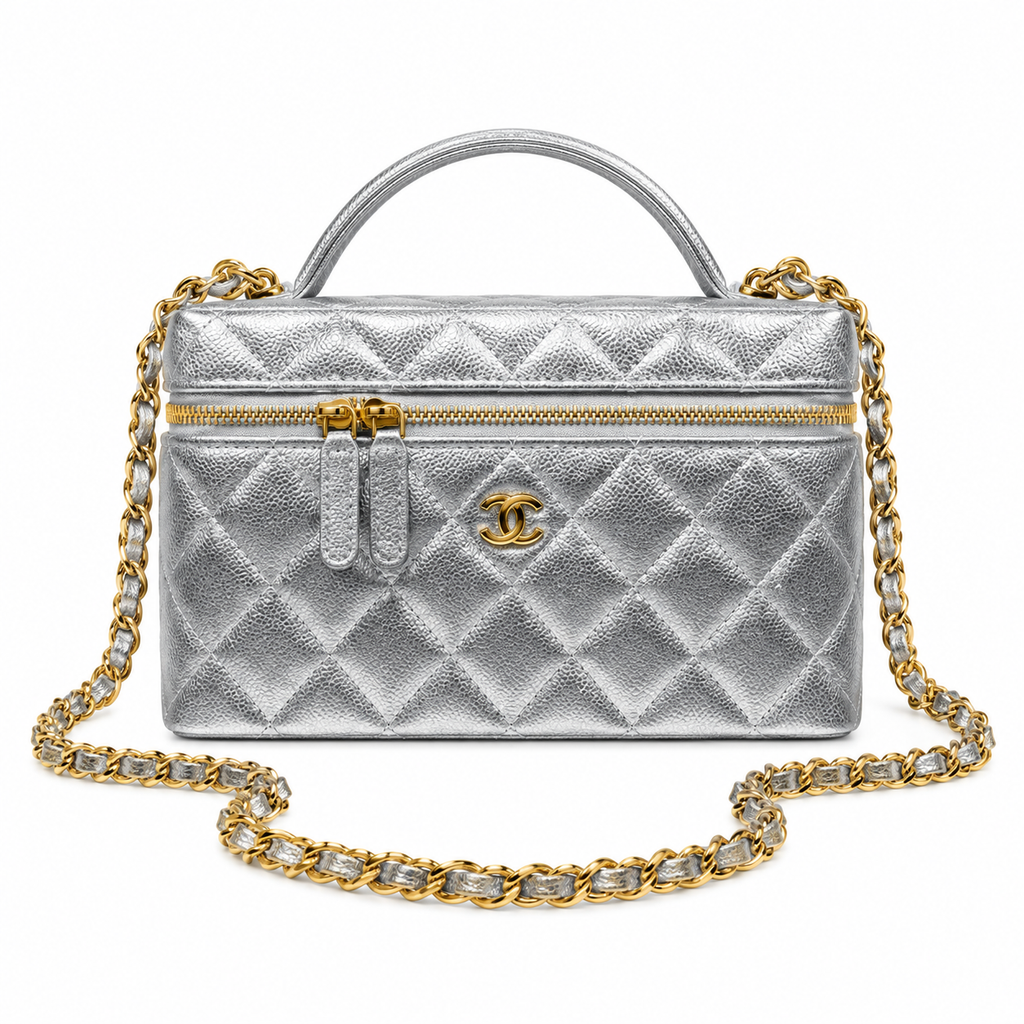 Chanel Quilted Silver Metallic Vanity Case Bag Pearl Chain 19.5cm