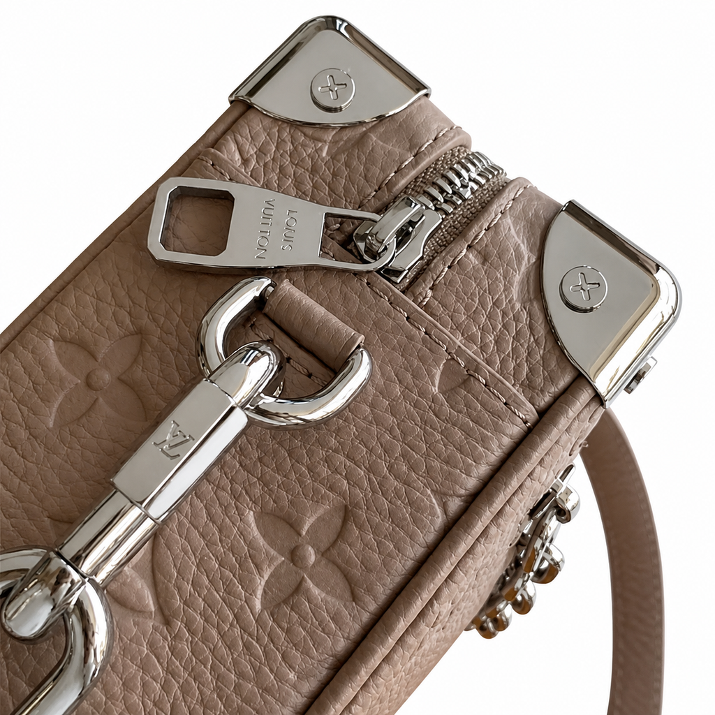 LV Soft Trunk Monogram Empreinte Leather Taupe Silver Chain Crossbody Bag