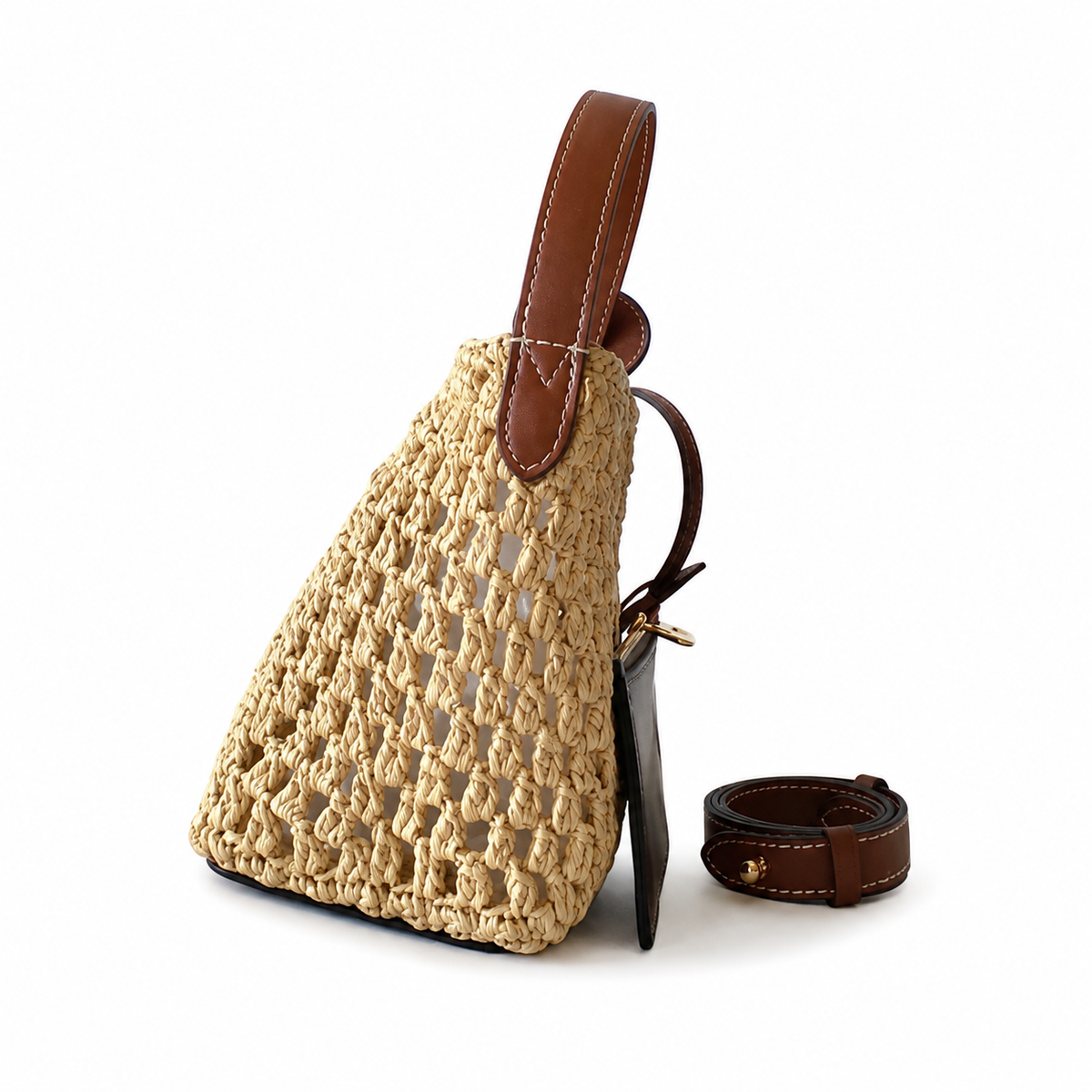 LV Raffia Open-Weave Crochet Top Handle Bag Natural Tan Calfskin Trim Summer Handbag