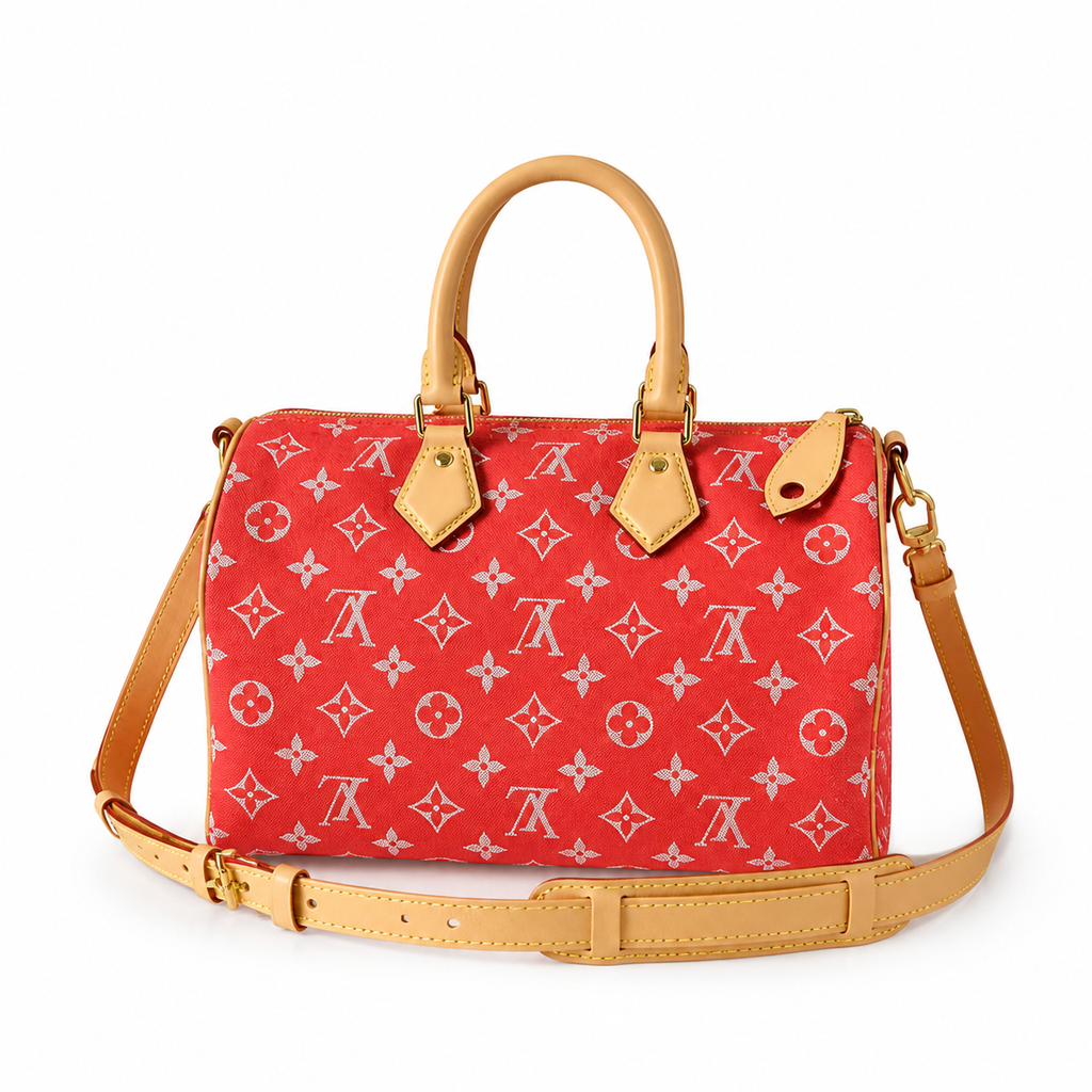 LV Speedy Bandoulière 25 Monogram Jacquard Denim Rouge Red Top Handle Crossbody Bag
