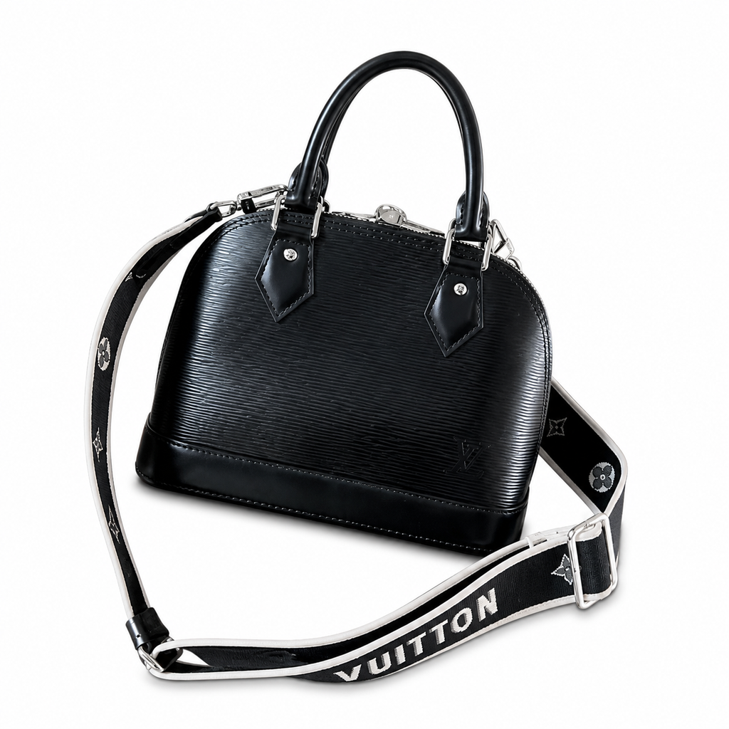 LV Alma BB Epi Leather Noir Black Wide LOUIS VUITTON Lettering Jacquard Crossbody Strap Silver Hardware Top Handle Bag