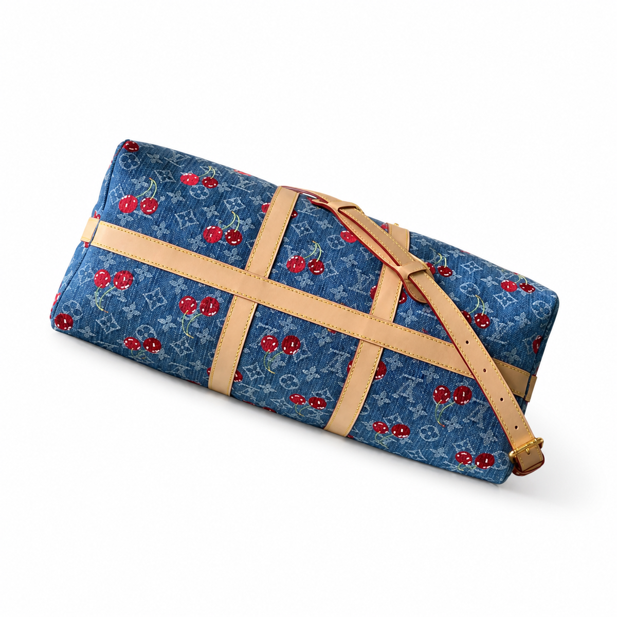 LV Keepall Bandoulière 50 Monogram Denim Cherry Print Travel Duffle Bag