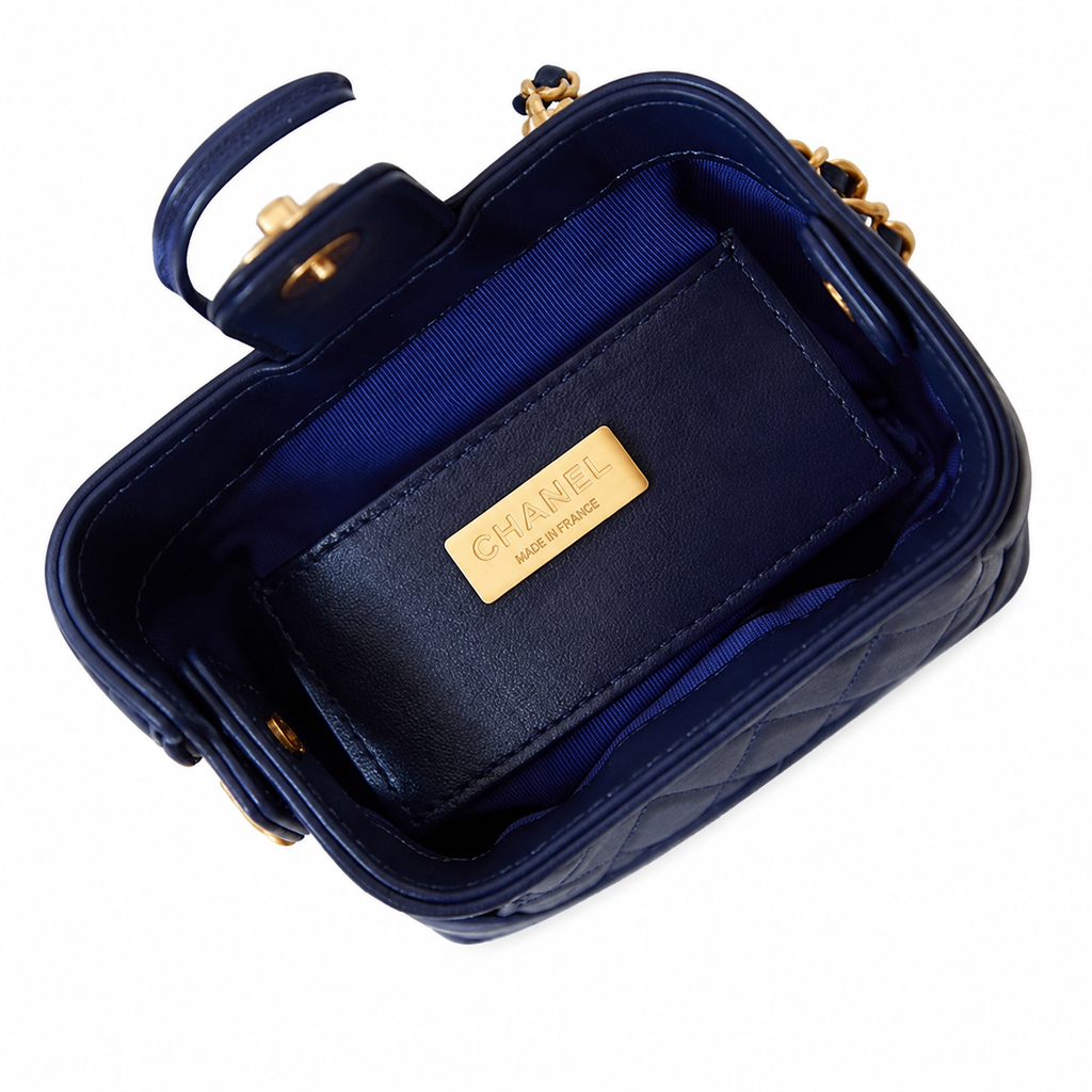 Chanel Mini Top Handle Box Bag | CC Turn-Lock Gold Chain Navy Blue — 9x13cm