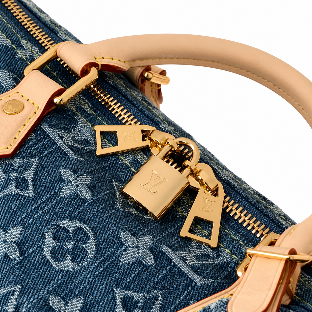 LV Speedy Bandoulière 30 Monogram Denim Blue Vachetta Leather Gold LV Padlock Top Handle Crossbody Bag
