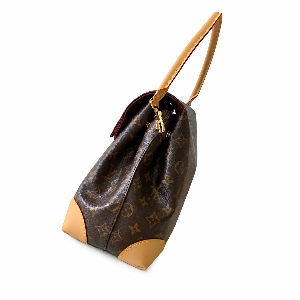 LV Beverly MM Monogram Canvas Vachetta Leather Corner Guards Gold LV Padlock Flap Top Handle Bag