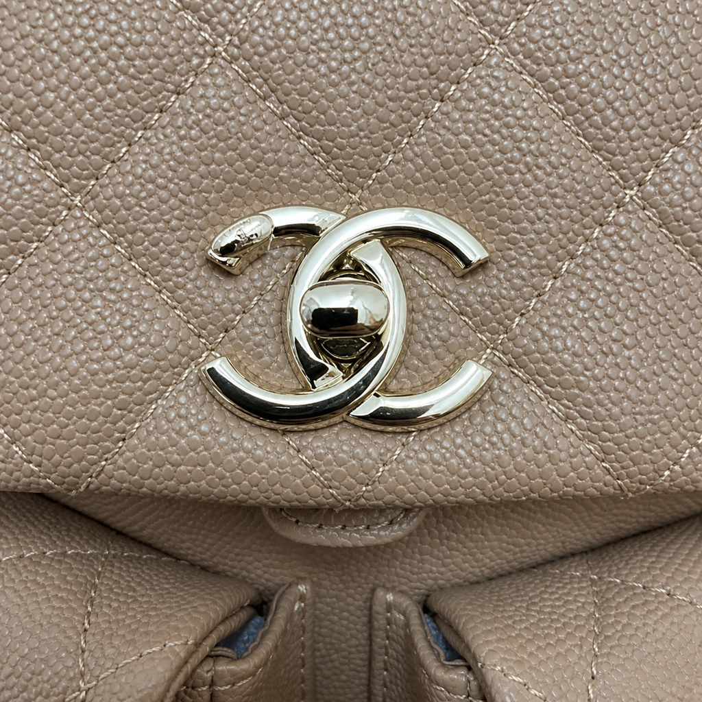 Chanel Duma Suede Quilted Backpack | CC Turn-Lock Gold Chain Camel Beige — 20.5x20cm