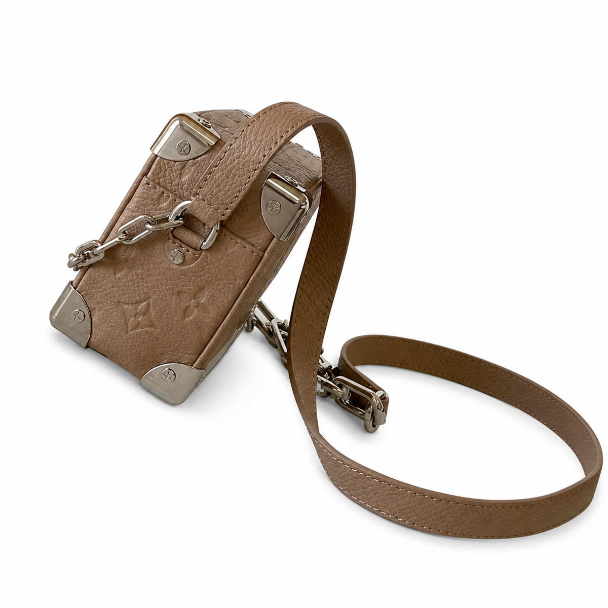 LV Soft Trunk Monogram Empreinte Leather Taupe Silver Chain Crossbody Bag