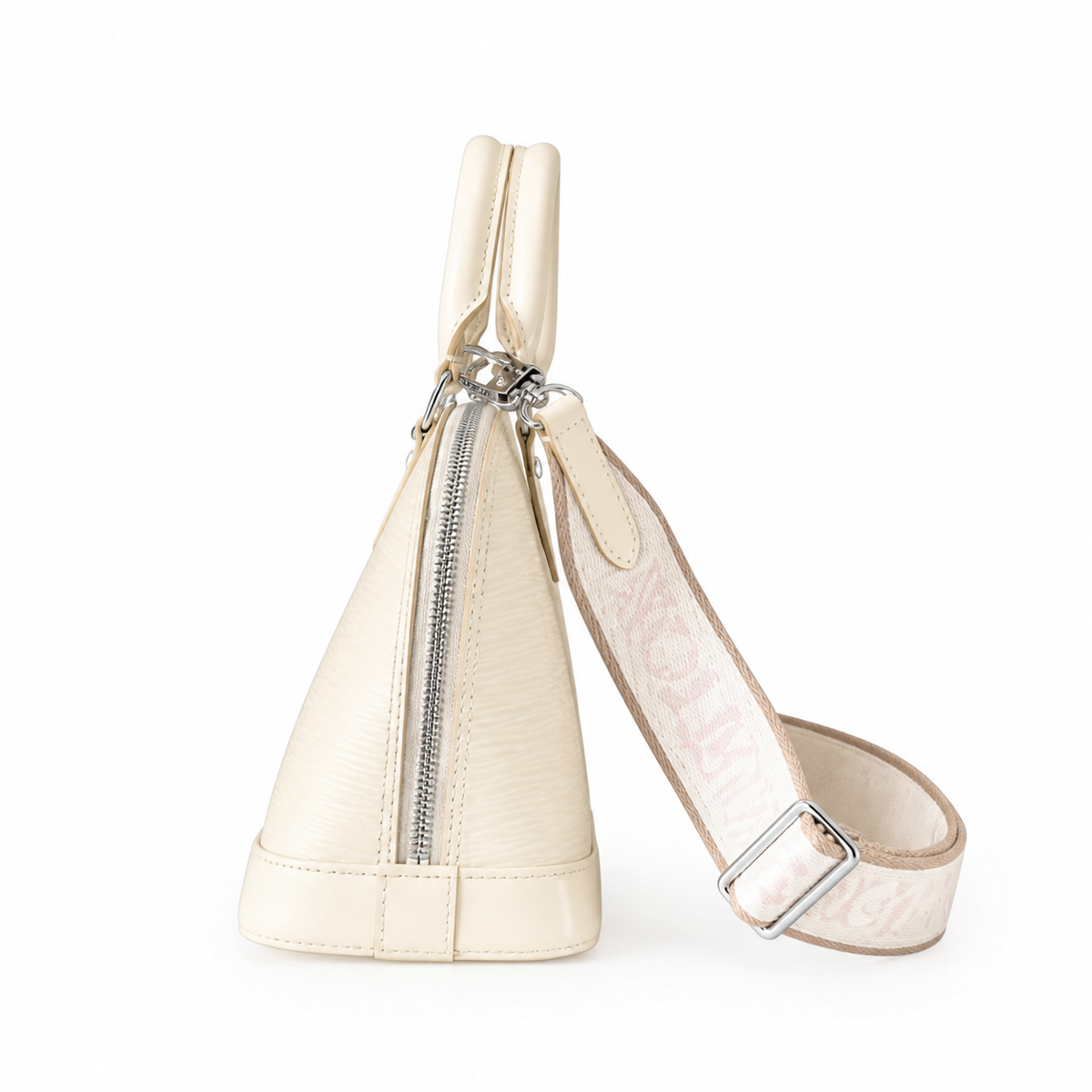 LV Alma BB Epi Leather Crème Ivory White Wide Monogram Jacquard Crossbody Strap Silver Hardware Top Handle Bag