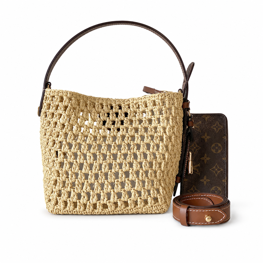 LV Raffia Open-Weave Crochet Top Handle Bag Natural Tan Calfskin Trim Summer Handbag
