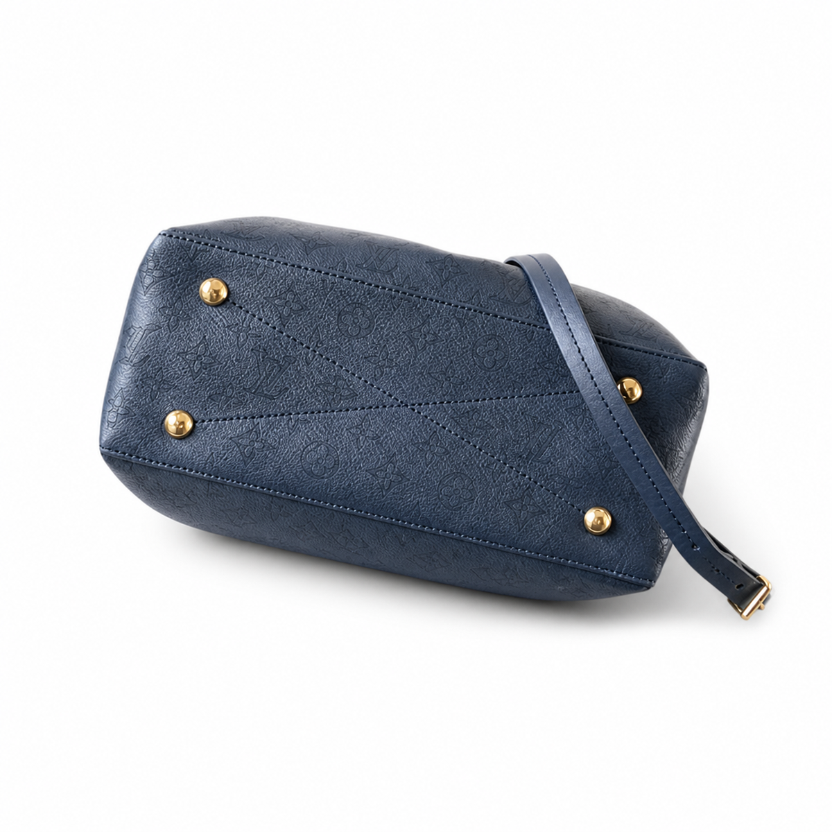 LV Bella Tote Monogram Empreinte Leather Navy Blue Gold Braided Chain Top Handle Crossbody Bag