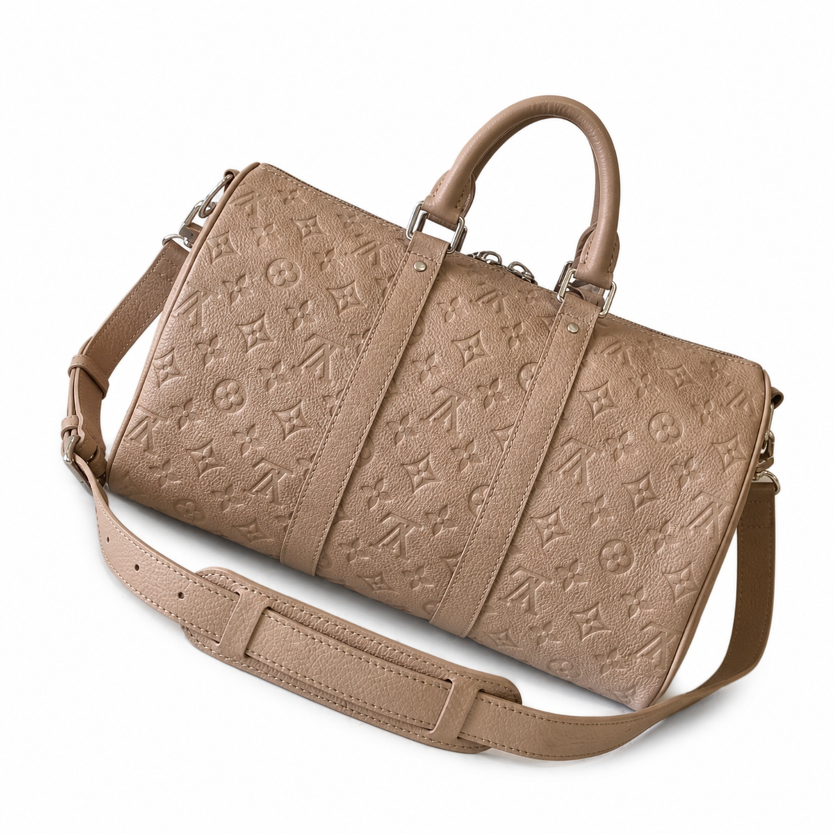 LV Keepall Bandoulière 35 Monogram Empreinte Leather Taupe Travel Bag