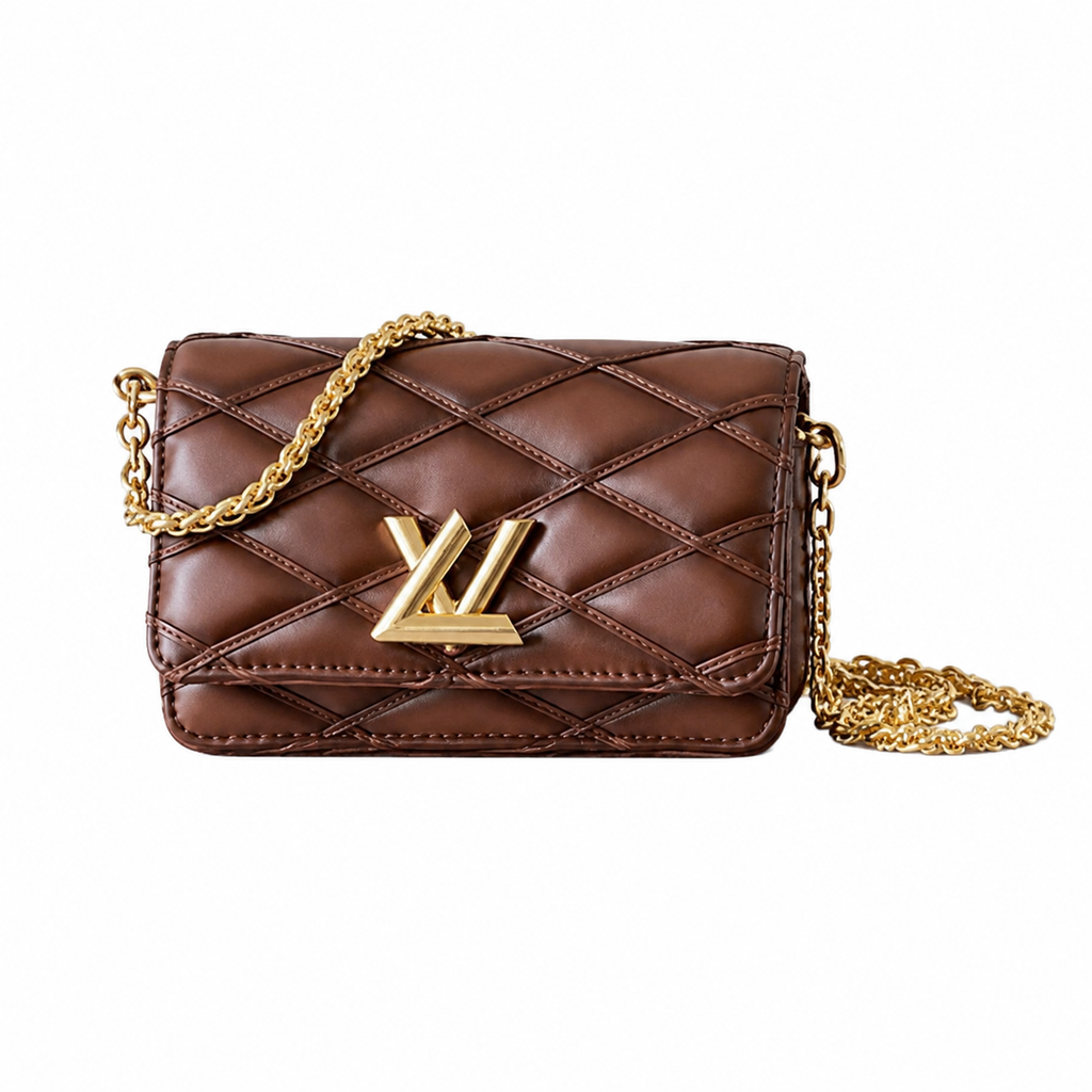 LV GO-14 MM Quilted Lambskin Chocolate Brown Gold Chain Crossbody Bag