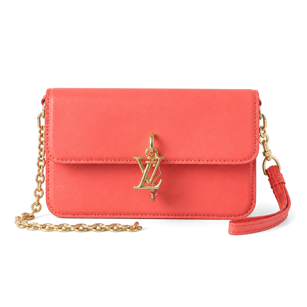 LV LockMe Tender Smooth Calfskin Coquelicot Poppy Red Gold LV Turn-Lock White Flower Charm Chain Crossbody Bag