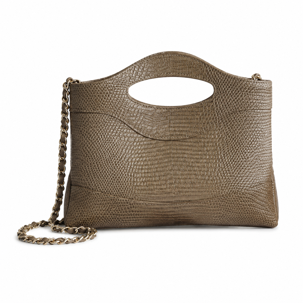 Chanel Olive Brown Lizard-Embossed Leather Tote | Cut-Out Handle, CC Logo & Gold Chain